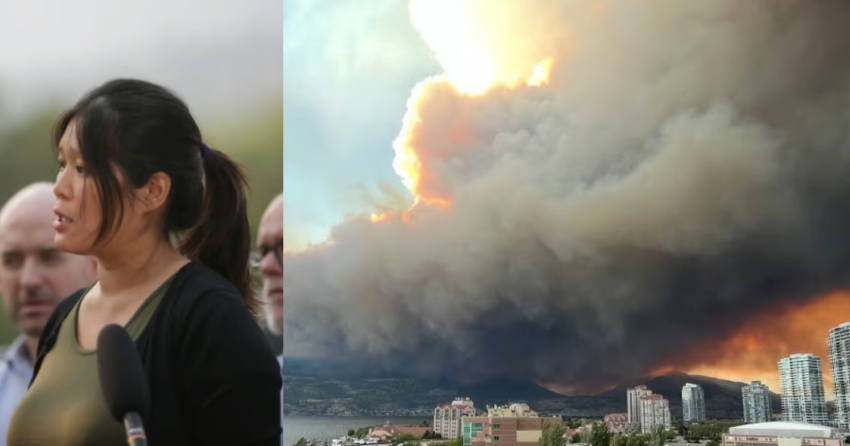 <who> Photo Credit: NowMedia </who> Bowinn Ma, BC's minister for Emergency Management and Climate Readiness, announcing the recreational travel ban would be lifted on Aug. 22, five days after the McDougall Creek wildfire exploded in size on Aug.17.