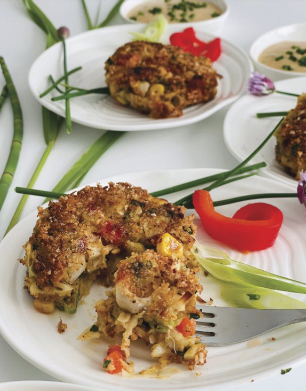 <who>Photo credit: Irresistibly Vegan</who>The crabless cakes appetizer is made with chickpeas, jackfruit and hearts of palm.