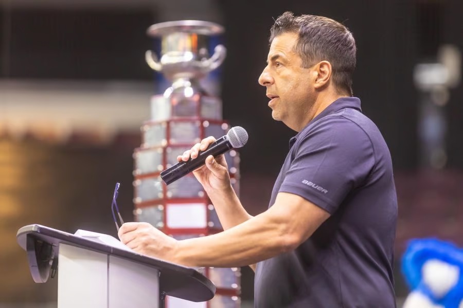 <who> Photo Credit: NowMedia/Gord Goble</who> Fred Harbinson and the Fred Page Cup in 2023.