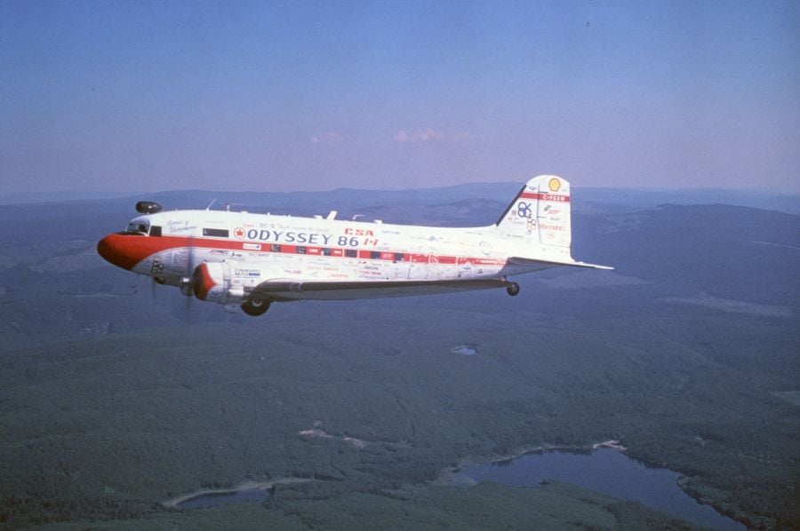 </who>The Odyssey DC-3 in flight in 1986.