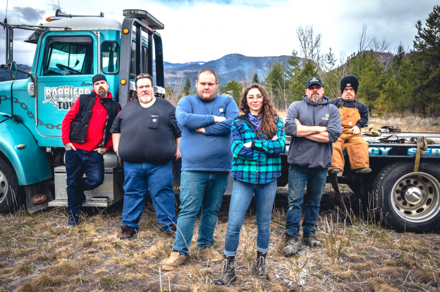 </who>Photo credit: History Channel</who>The cast of Backroad Truckers, from left, Craig Gruden, Big Donny Kleinfelder, Donny Kleinfelder Jr., Angela Kirstein, Dave Schwandt and Dale Kristensen.
